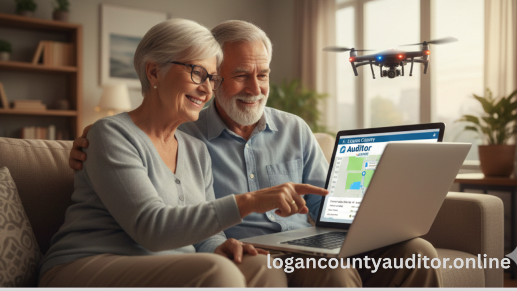 Logan County property information on a laptop with a drone hovering nearby.