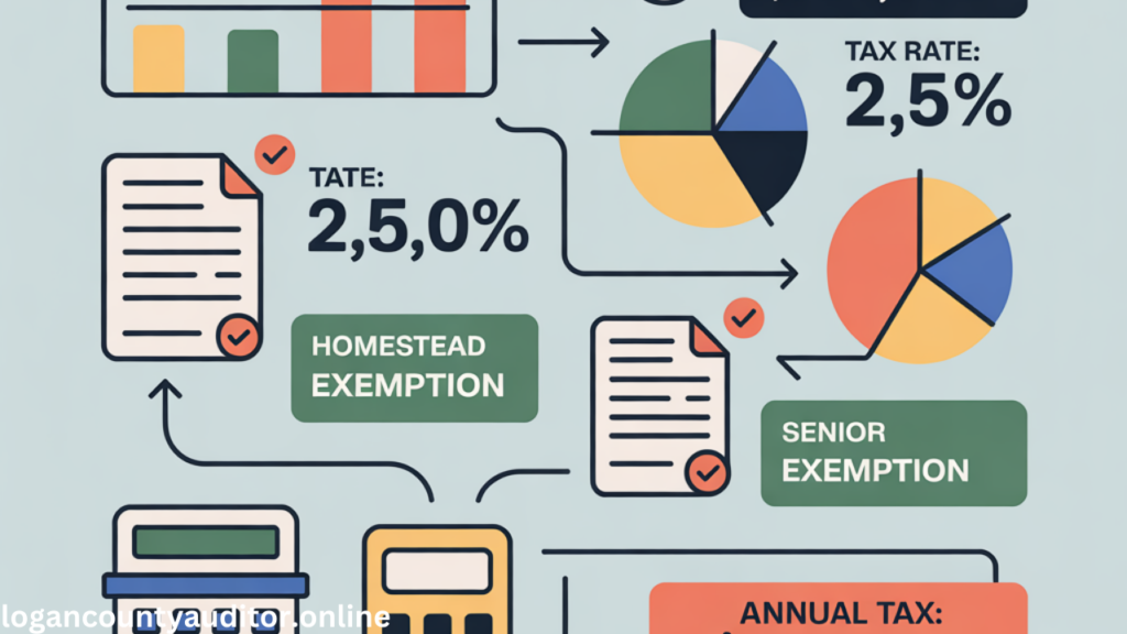 Visual breakdown of Logan County property tax estimation with exemptions and tax rates”