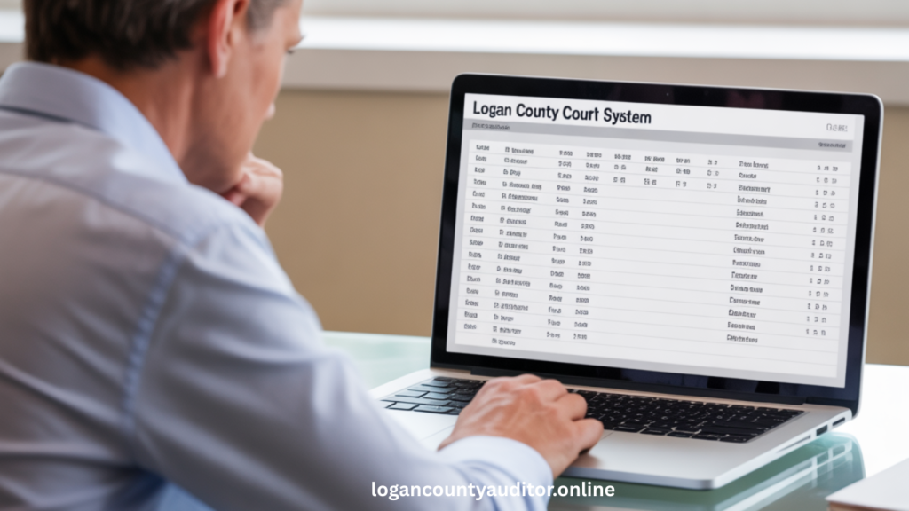 A man looking at a laptop screen displaying the Logan County Court System website.