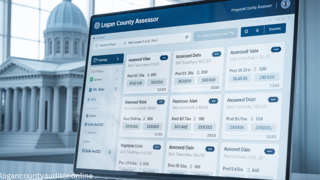 Logan County Assessor Property Search dashboard showing assessed value and parcel details
