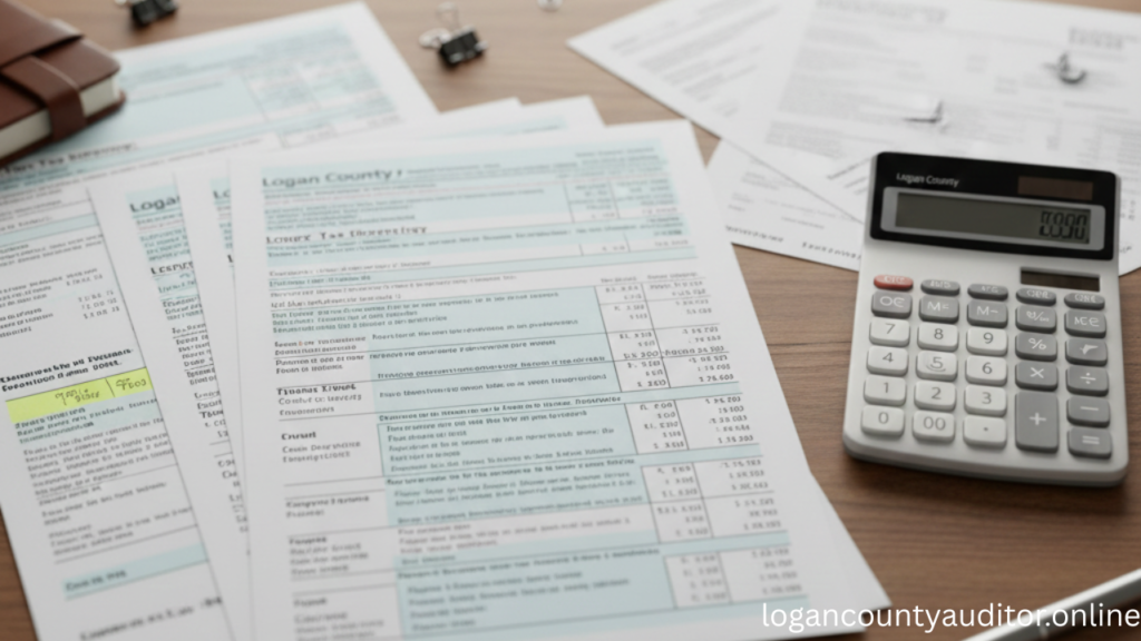 Logan County property tax payment forms and financial documents used to calculate taxes and plan payments.