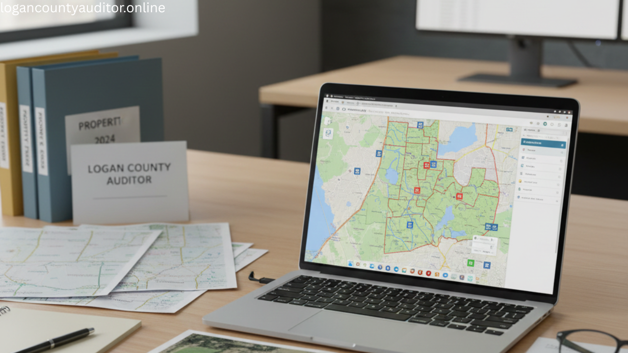 Logan County Ohio Auditor property records and tax assessment information displayed on digital screen